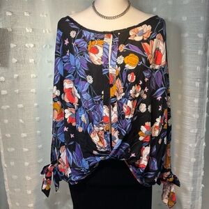 Free People Black Floral Blouse with Purple, Red & Orange Accents